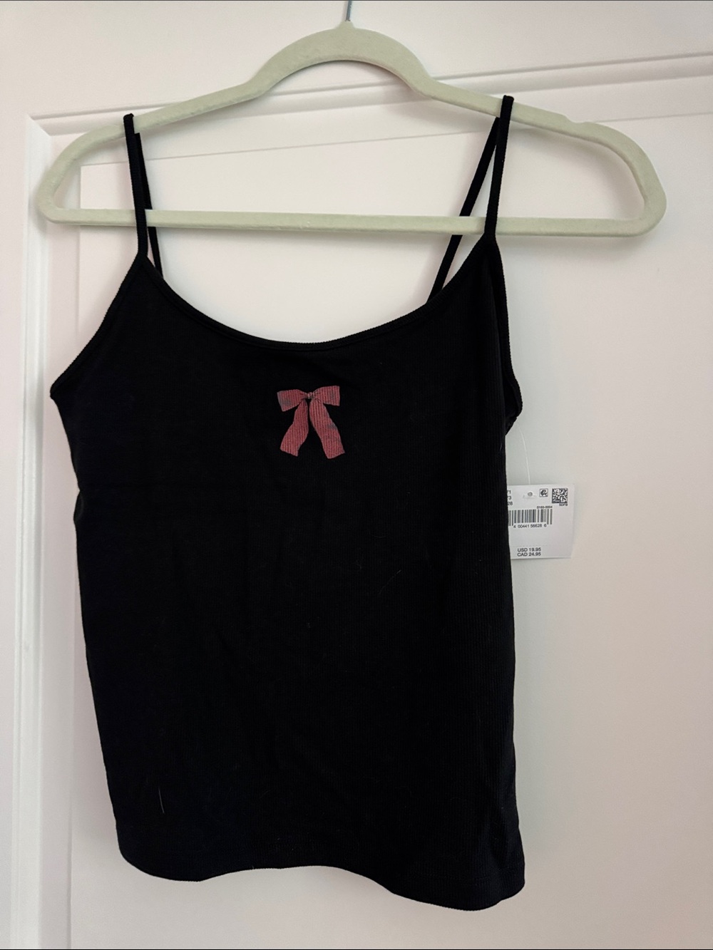 American Eagle Outfitters Black Ribbed Spaghetti Strap Tank with Pink Bow Accent